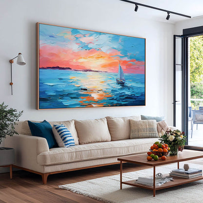 Sunset Sailboat Ocean Painting - Textured Colorful Seascape Wall Art#AA 066