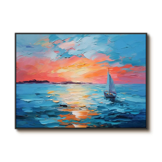 Sunset Sailboat Ocean Painting - Textured Colorful Seascape Wall Art#AA 066