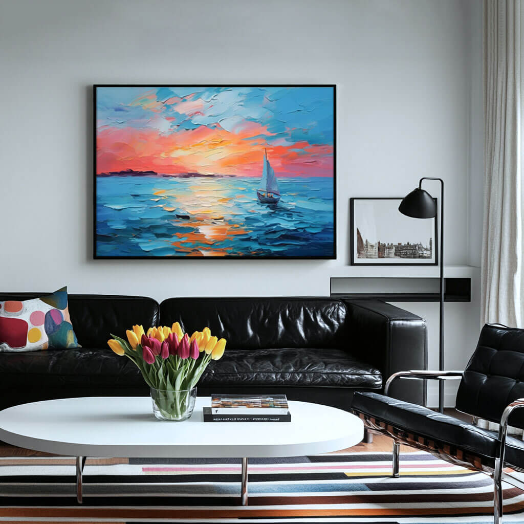 Sunset Sailboat Ocean Painting - Textured Colorful Seascape Wall Art#AA 066