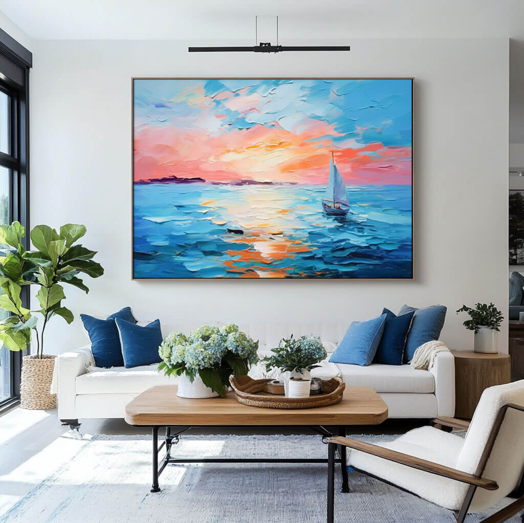Sunset Sailboat Ocean Painting - Textured Colorful Seascape Wall Art#AA 066