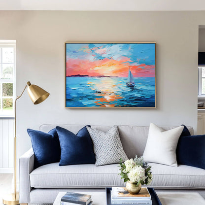 Sunset Sailboat Ocean Painting - Textured Colorful Seascape Wall Art#AA 066