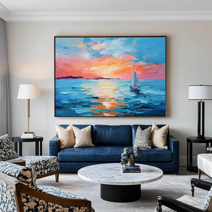 Sunset Sailboat Ocean Painting - Textured Colorful Seascape Wall Art#AA 066