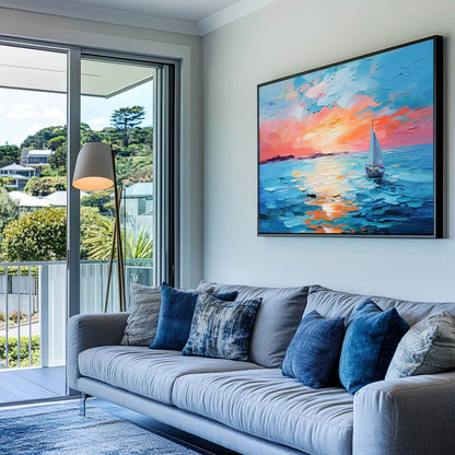 Sunset Sailboat Ocean Painting - Textured Colorful Seascape Wall Art#AA 066