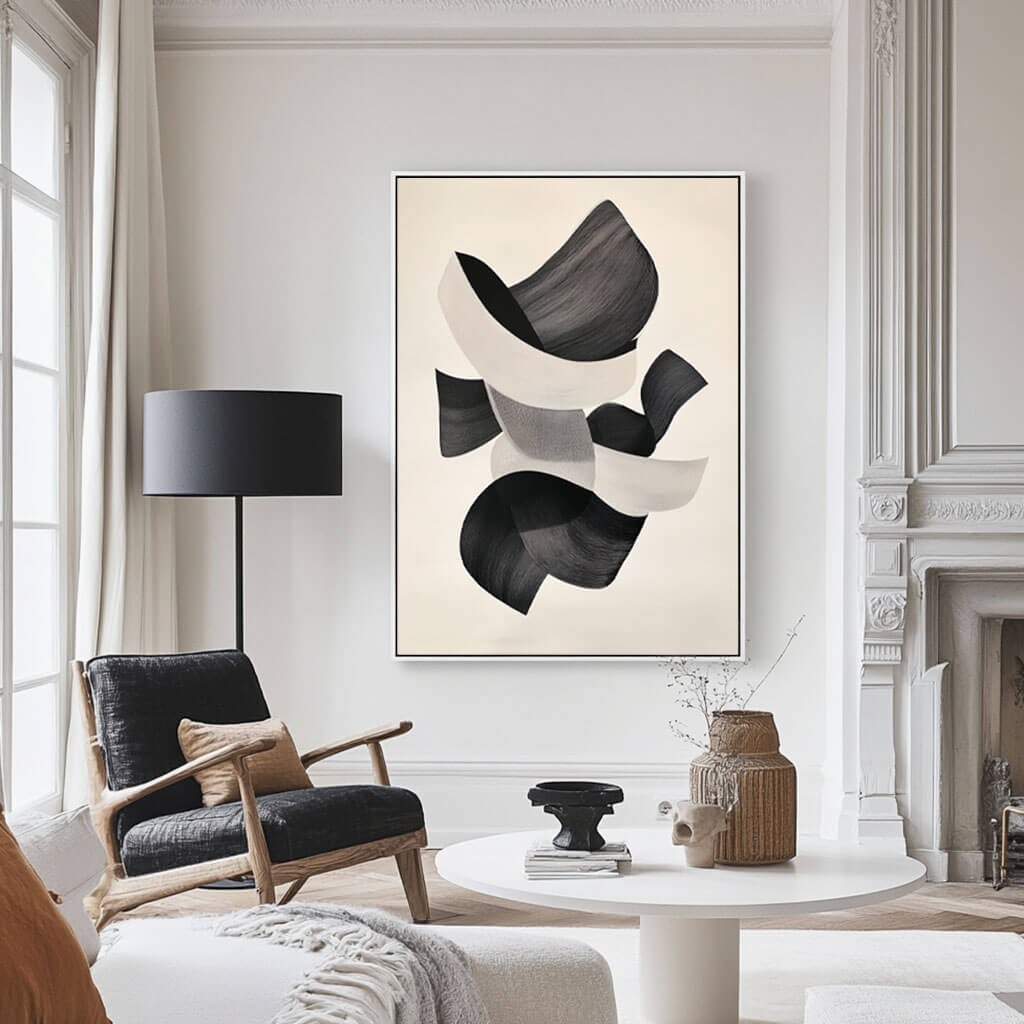 Japandi Style Wall Art | Black & Cream Abstract Painting