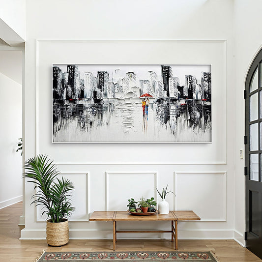 Romantic Cityscape Wall Art | Hand-Painted Urban Couple Painting