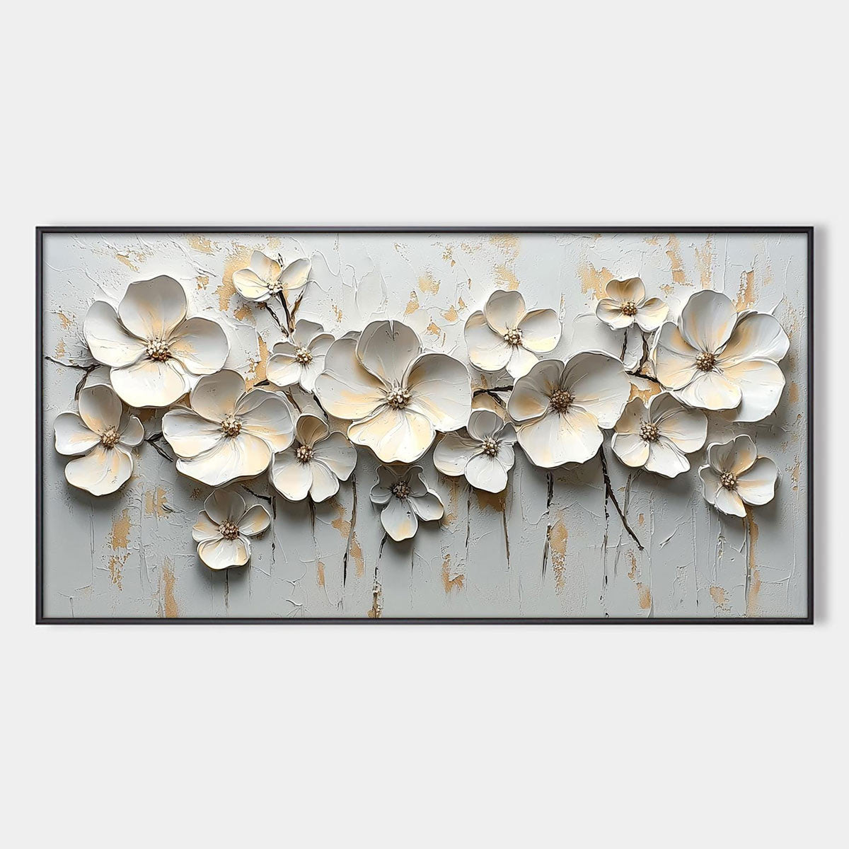 White Flower Impasto Oil Painting - Large Palette Knife Floral Wall Art with Gold Foil #AA174