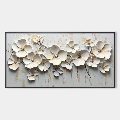 White Flower Impasto Oil Painting - Large Palette Knife Floral Wall Art with Gold Foil #AA174