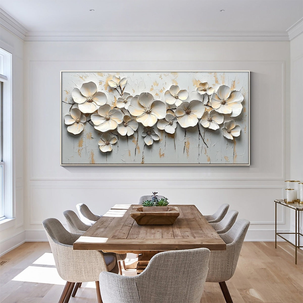 White Flower Impasto Oil Painting - Large Palette Knife Floral Wall Art with Gold Foil #AA174