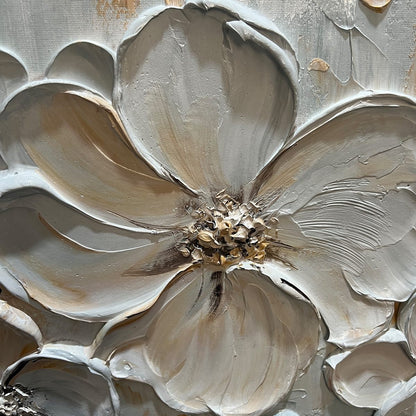 White Flower Impasto Oil Painting - Large Palette Knife Floral Wall Art with Gold Foil #AA174