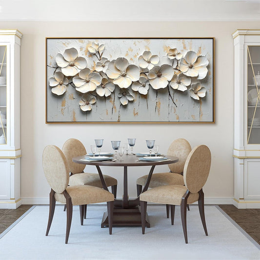 Abstract Cherry Blossom Art | 3D White & Gold Painting