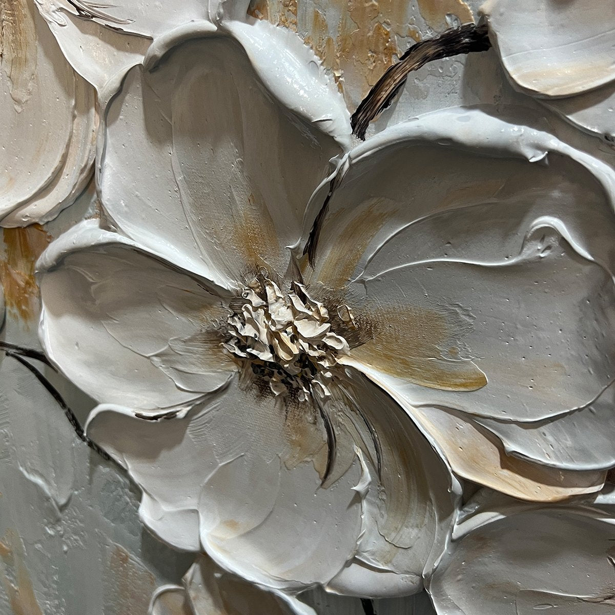 White Flower Impasto Oil Painting - Large Palette Knife Floral Wall Art with Gold Foil #AA174