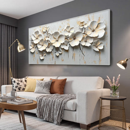 White Flower Impasto Oil Painting - Large Palette Knife Floral Wall Art with Gold Foil #AA174