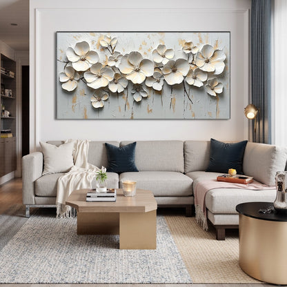 White Flower Impasto Oil Painting - Large Palette Knife Floral Wall Art with Gold Foil #AA174