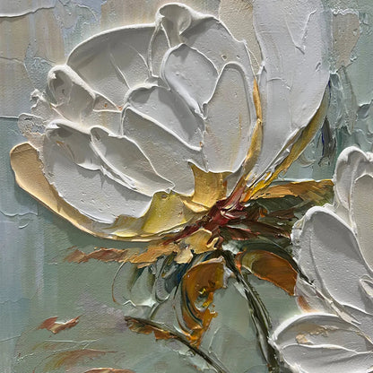 3D White Peony Textured Oil Painting - Large Hand-Painted Impasto Floral Wall Art on Canvas #AA185