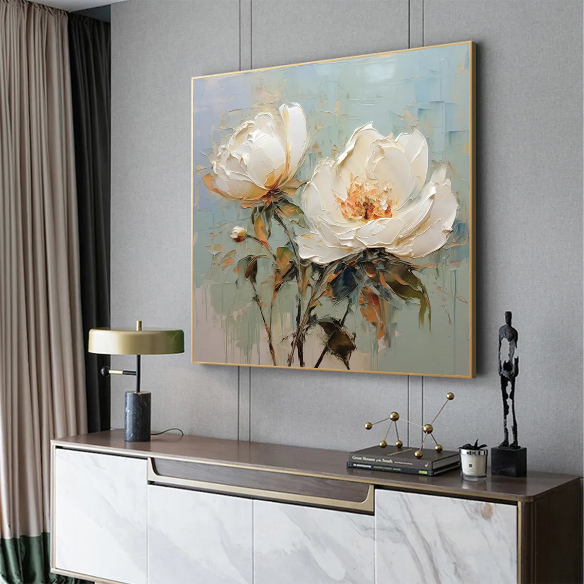 3D White Peony Textured Oil Painting - Large Hand-Painted Impasto Floral Wall Art on Canvas #AA185