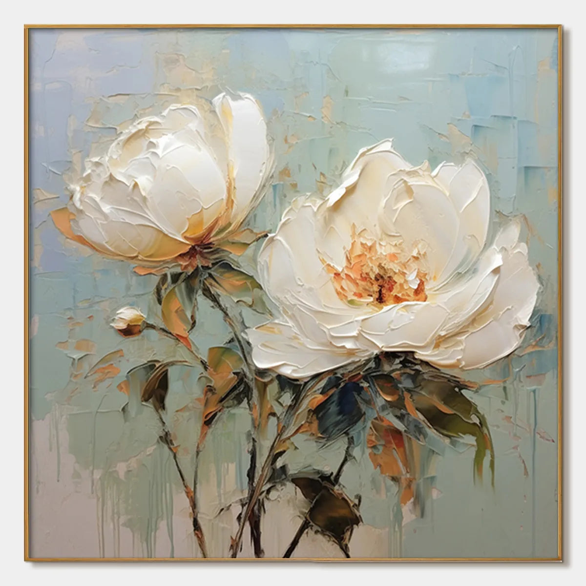 3D White Peony Textured Oil Painting - Large Hand-Painted Impasto Floral Wall Art on Canvas #AA185