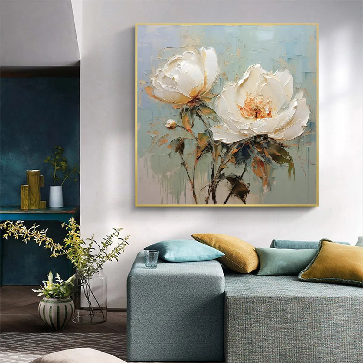 3D White Peony Textured Oil Painting - Large Hand-Painted Impasto Floral Wall Art on Canvas #AA185