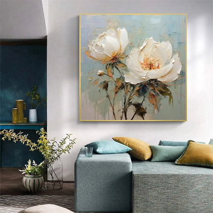 3D White Peony Textured Oil Painting - Large Hand-Painted Impasto Floral Wall Art on Canvas #AA185
