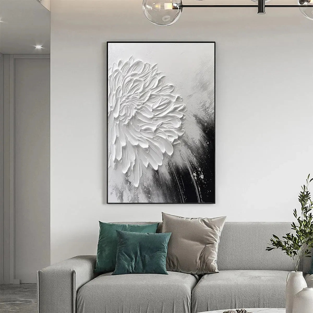 Large Black and White Floral Wall Art | Impasto Canvas Decor#ZZ 237