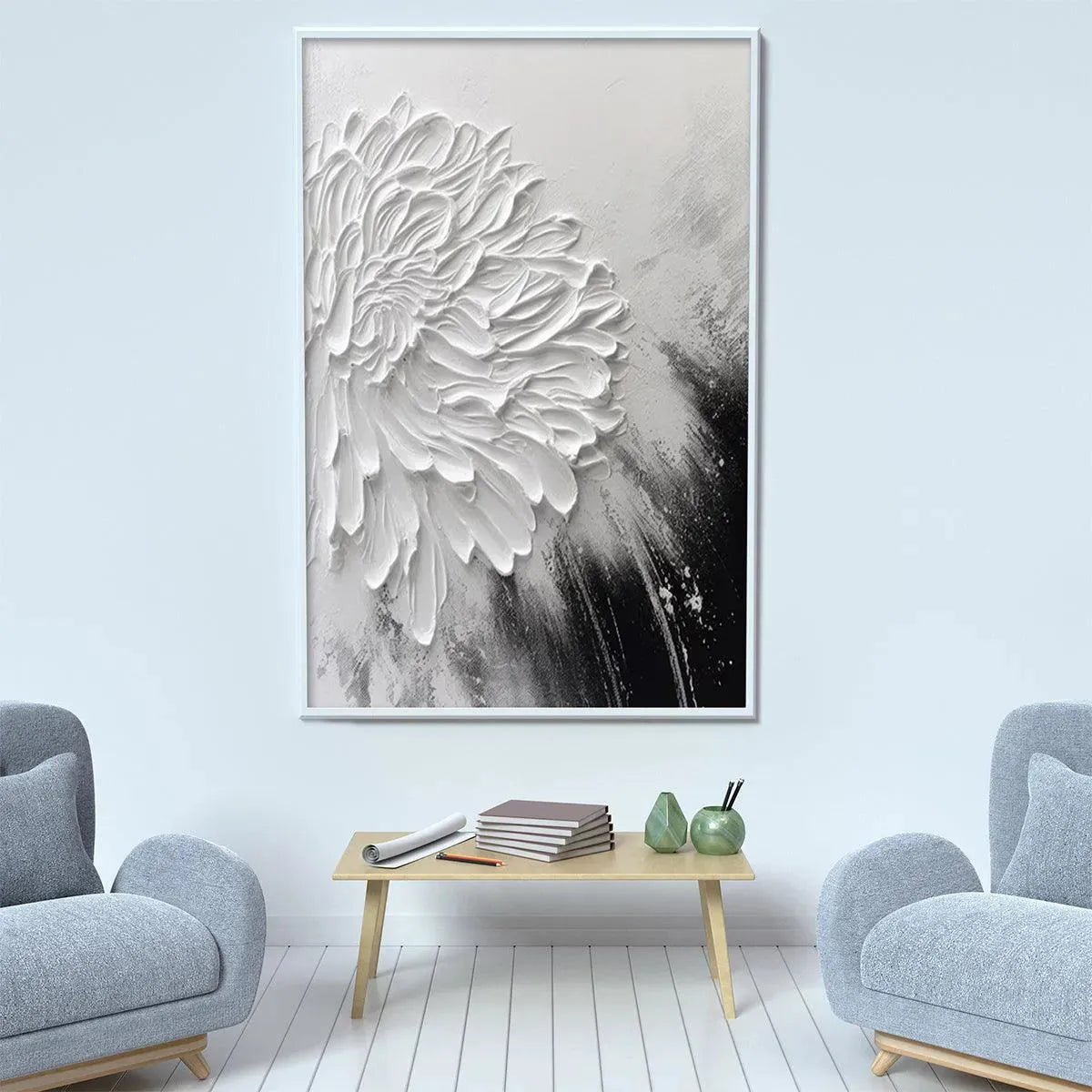 Large Black and White Floral Wall Art | Impasto Canvas Decor#ZZ 237