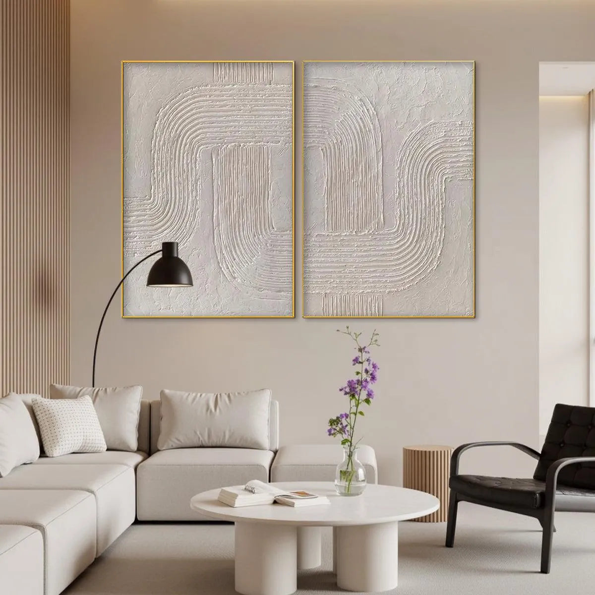 Set of 2 large hand-painted white textured 3D abstract diptych oil paintings