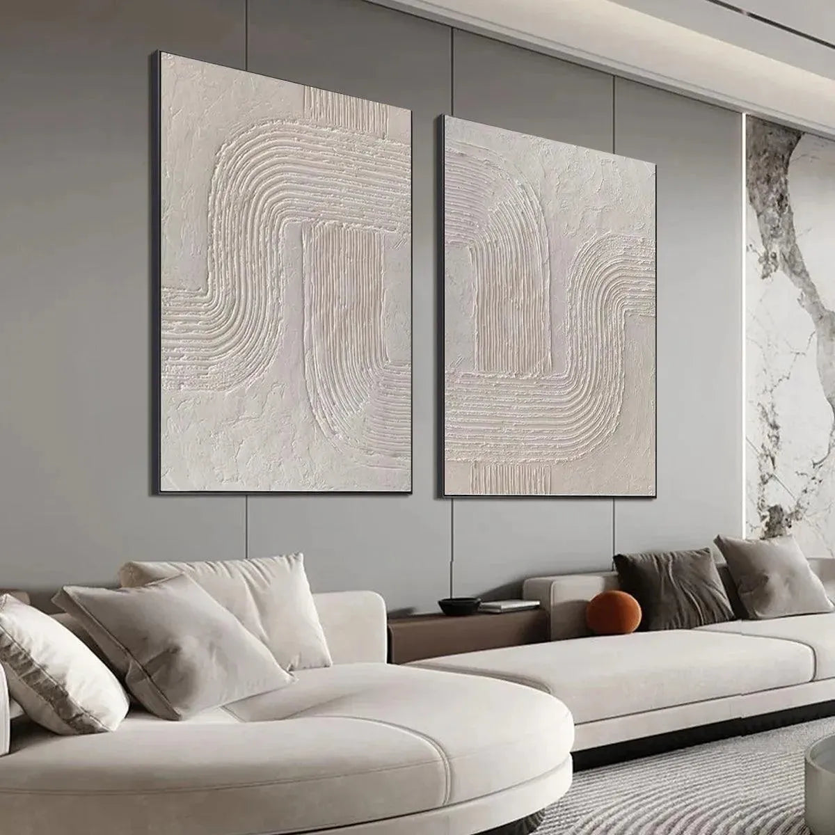Set of 2 large hand-painted white textured 3D abstract diptych oil paintings