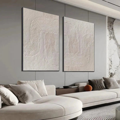 Set of 2 large hand-painted white textured 3D abstract diptych oil paintings