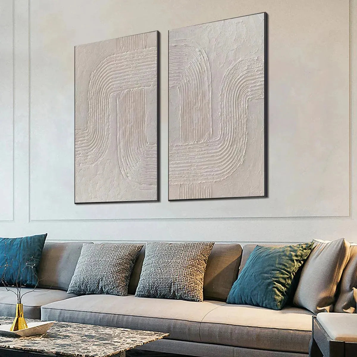 Set of 2 large hand-painted white textured 3D abstract diptych oil paintings