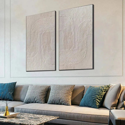 Set of 2 large hand-painted white textured 3D abstract diptych oil paintings