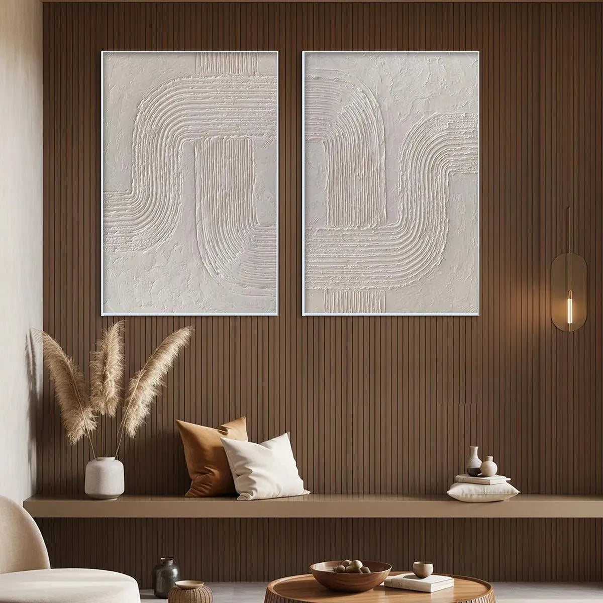 Set of 2 large hand-painted white textured 3D abstract diptych oil paintings