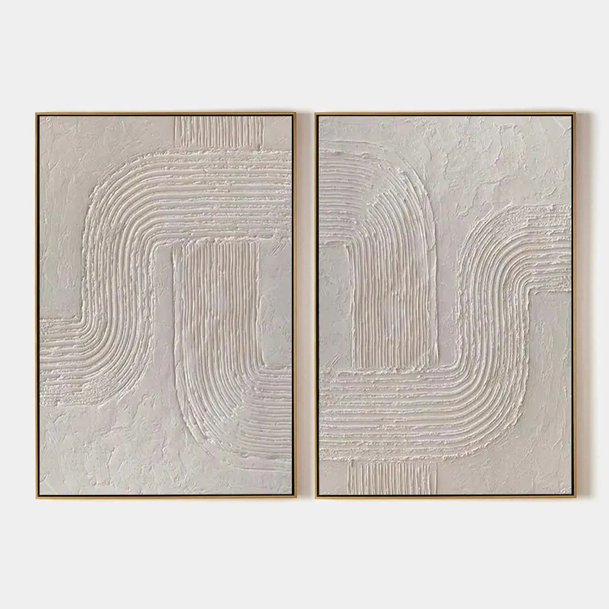 Set of 2 large hand-painted white textured 3D abstract diptych oil paintings