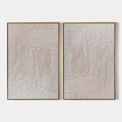 Set of 2 large hand-painted white textured 3D abstract diptych oil paintings