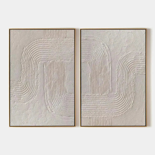 Set of 2 large hand-painted white textured 3D abstract diptych oil paintings