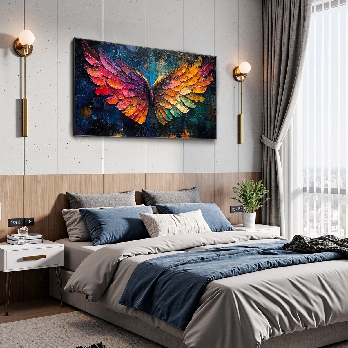Large colorful angel wings hand-painted vibrant abstract oil painting on canvas #AA181