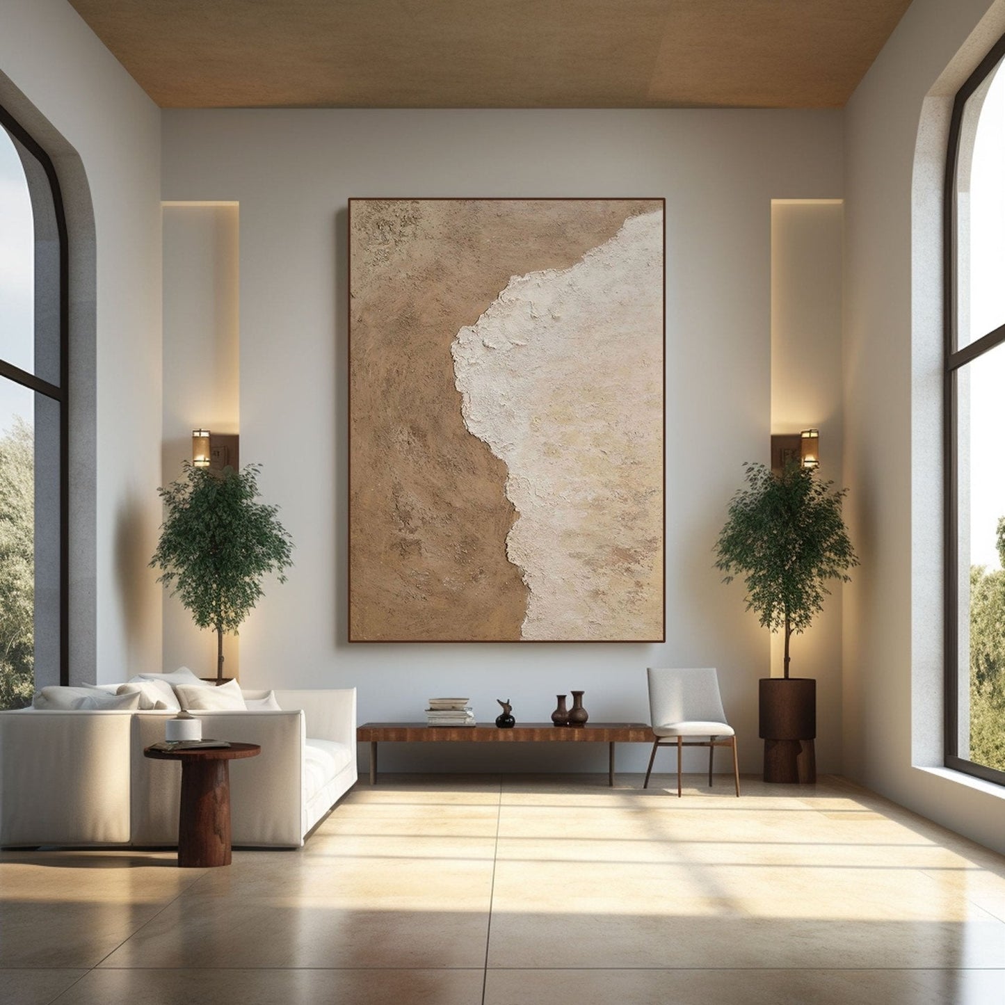 Modern Minimalist Wabi-Sabi Beige and White Abstract Coastal Canvas Painting - Large Contemporary Ocean Wall Art #TC238