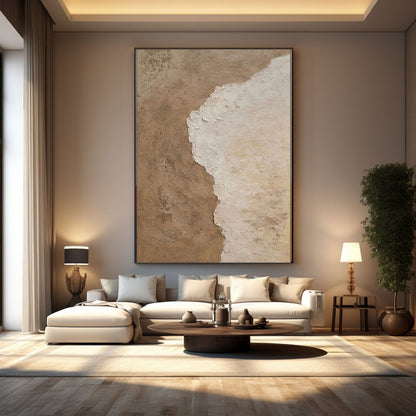 Modern Minimalist Wabi-Sabi Beige and White Abstract Coastal Canvas Painting - Large Contemporary Ocean Wall Art #TC238