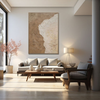 Modern Minimalist Wabi-Sabi Beige and White Abstract Coastal Canvas Painting - Large Contemporary Ocean Wall Art #TC238