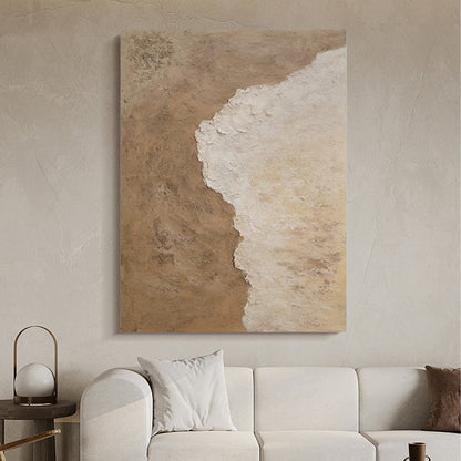 Modern Minimalist Wabi-Sabi Beige and White Abstract Coastal Canvas Painting - Large Contemporary Ocean Wall Art #TC238