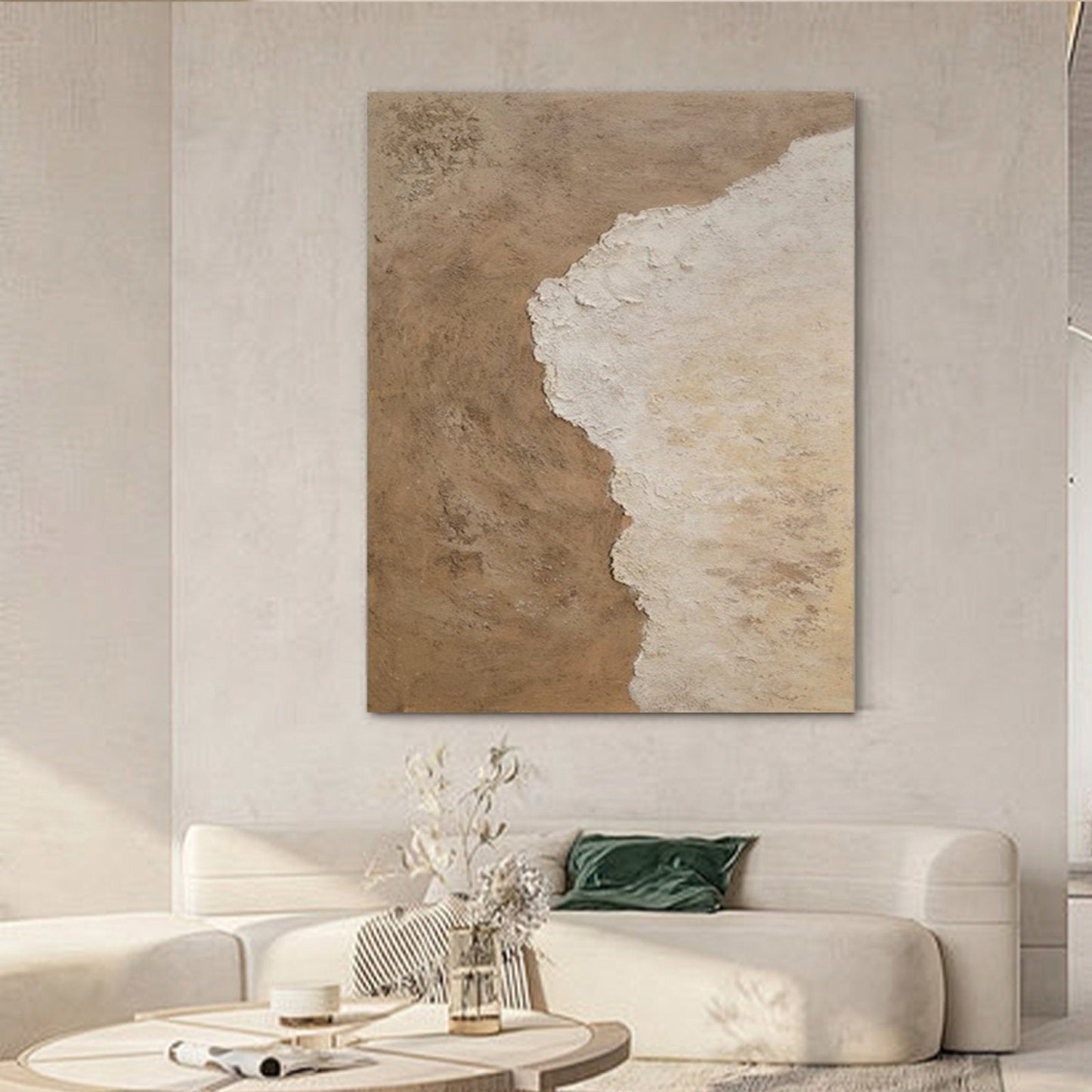 Modern Minimalist Wabi-Sabi Beige and White Abstract Coastal Canvas Painting - Large Contemporary Ocean Wall Art #TC238