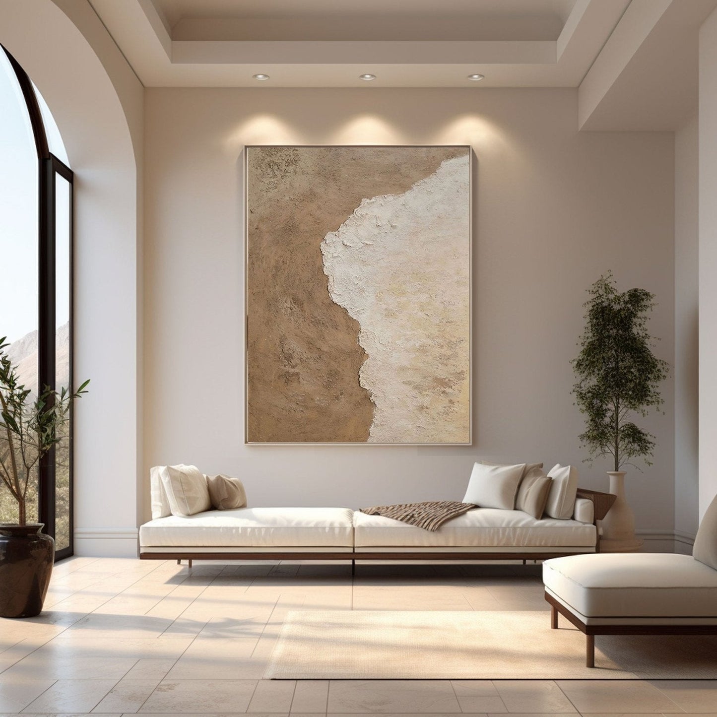 Modern Minimalist Wabi-Sabi Beige and White Abstract Coastal Canvas Painting - Large Contemporary Ocean Wall Art #TC238