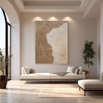 Modern Minimalist Wabi-Sabi Beige and White Abstract Coastal Canvas Painting - Large Contemporary Ocean Wall Art #TC238