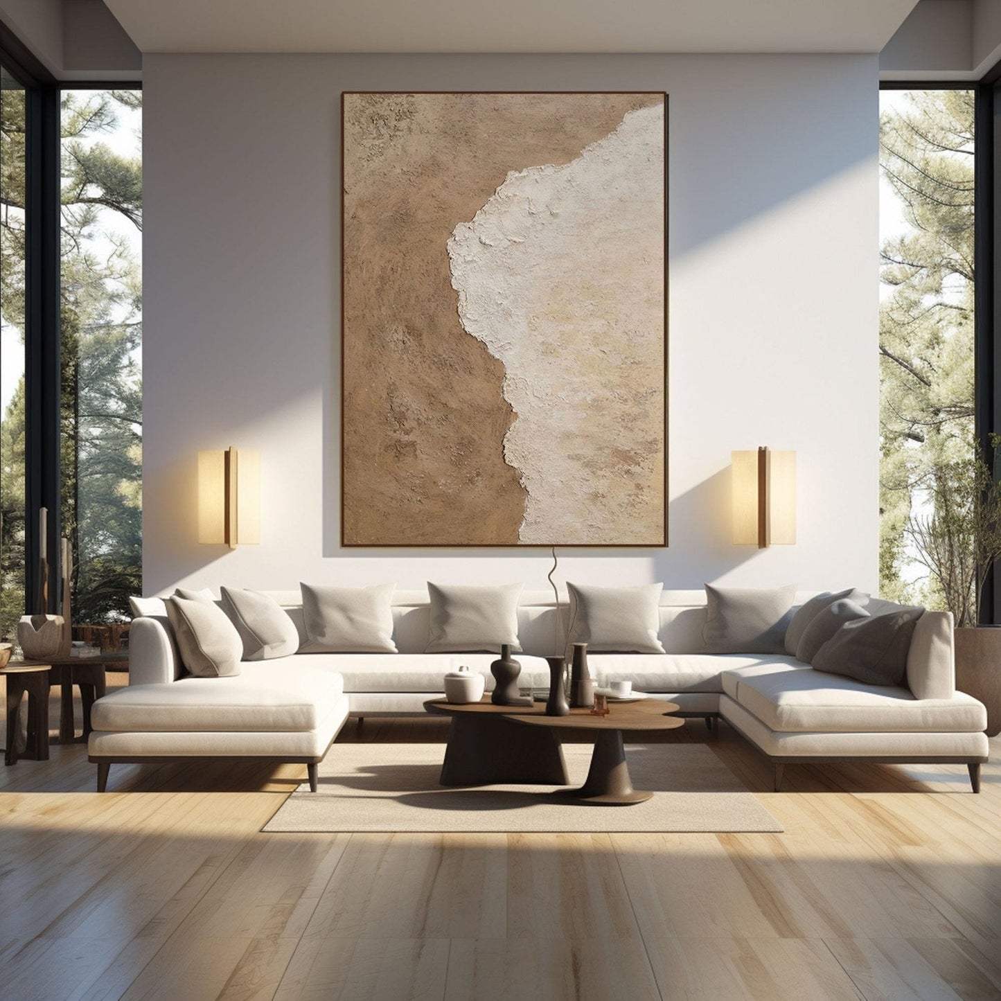 Modern Minimalist Wabi-Sabi Beige and White Abstract Coastal Canvas Painting - Large Contemporary Ocean Wall Art #TC238
