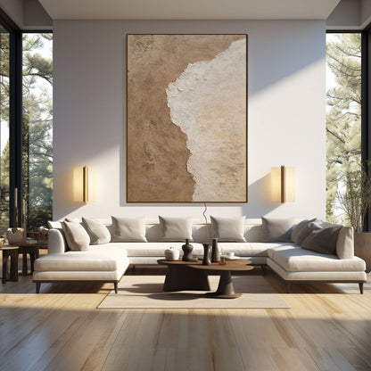 Modern Minimalist Wabi-Sabi Beige and White Abstract Coastal Canvas Painting - Large Contemporary Ocean Wall Art #TC238