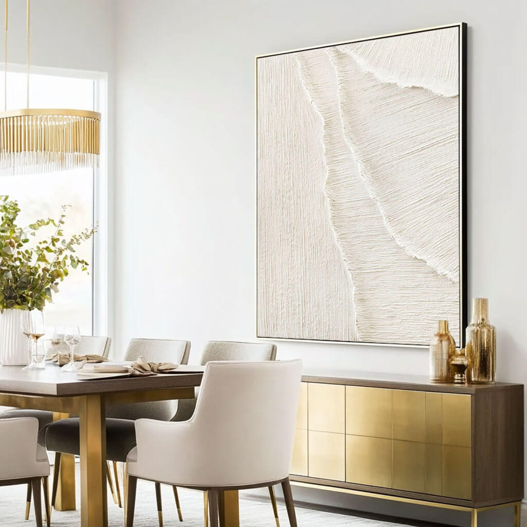 Modern Abstract White Sand Waves Art - Large Hand-Painted Coastal Minimalist Wall Art on Canvas #AA017