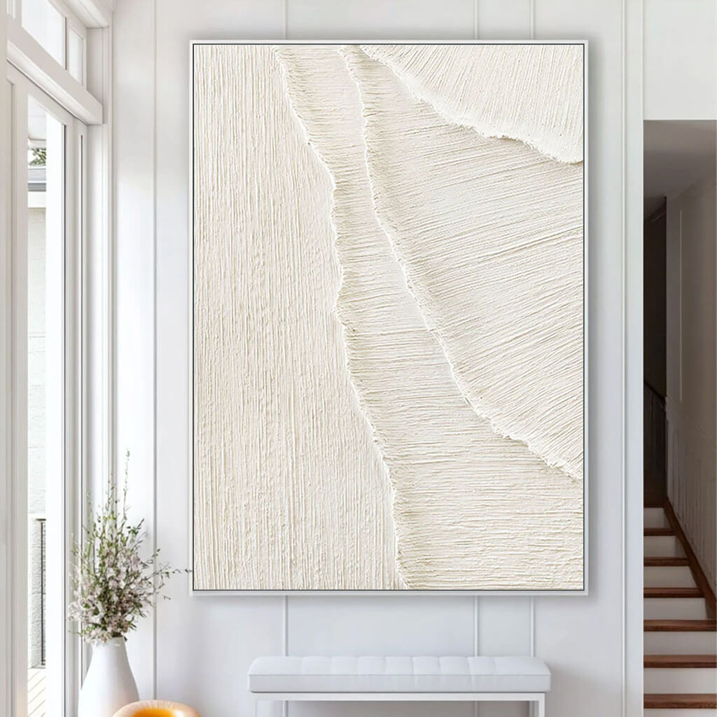 Modern Abstract White Sand Waves Art - Large Hand-Painted Coastal Minimalist Wall Art on Canvas #AA017