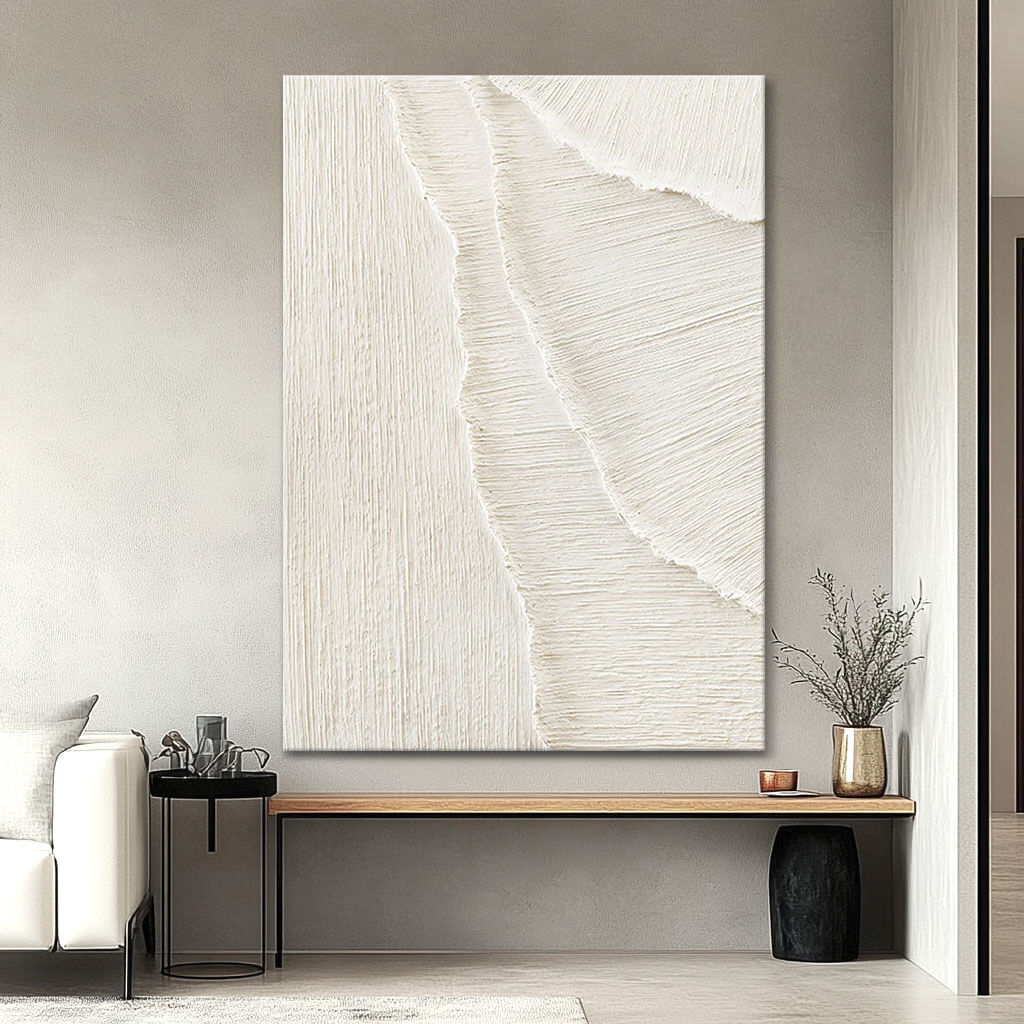 Modern Abstract White Sand Waves Art - Large Hand-Painted Coastal Minimalist Wall Art on Canvas #AA017