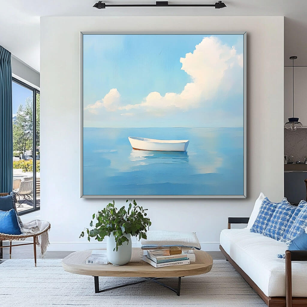 Calm Ocean Seascape Painting - Serene Boat Wall Art#AA 047