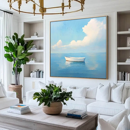 Calm Ocean Seascape Painting - Serene Boat Wall Art#AA 047