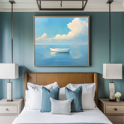 Calm Ocean Seascape Painting - Serene Boat Wall Art#AA 047