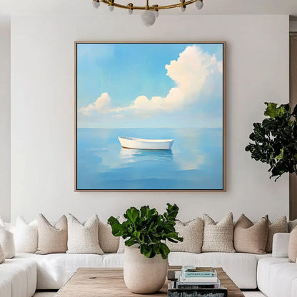 Calm Ocean Seascape Painting - Serene Boat Wall Art#AA 047